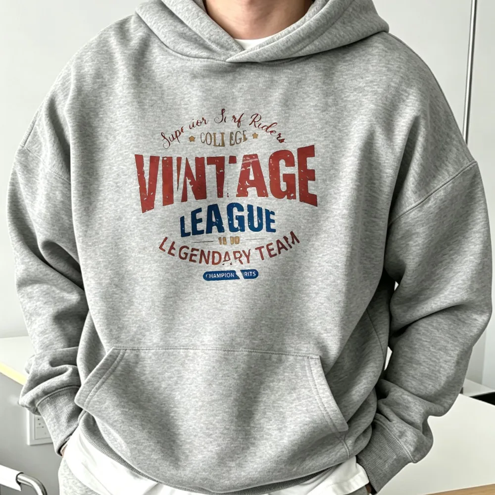 Vintage League Legendary Team Print Sweatshirt Men Casual Long Sleeve Crew Neck Pullover Retro Letter Graphic Sweatshirt Tops
