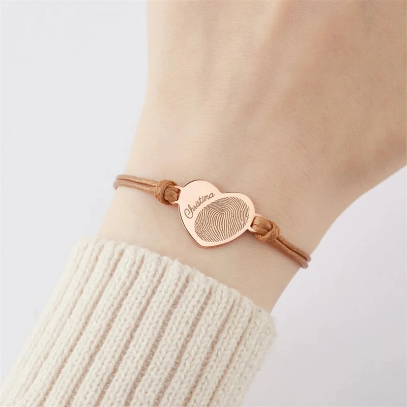 Pulsera personalizada con huella de mano para bebé, cuerda ajustable, joyería de acero inoxidable tallada, regalo para hombre y mujer