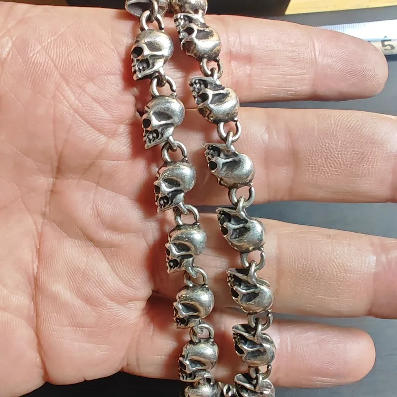 

Vintage Antique Silver Full Skull Link Necklace Retro Skeleton Chain Gothic Punk Biker Men Heavy Statement Neck Jewelry Gift