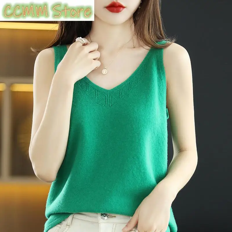 Hot Sale Summer New T-Shirt Sling Cashmere Knit Solid Color Sleeveless Women's Wool Sling Cropped Pullover promotion