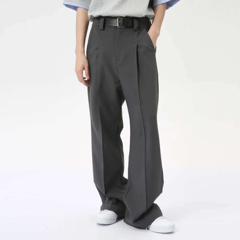 

SYUHGFA Fashion Men's Suit Pants Loose Belt Design Wide Leg Straight Casual Trousers Solid Color New Chic Summer 2024