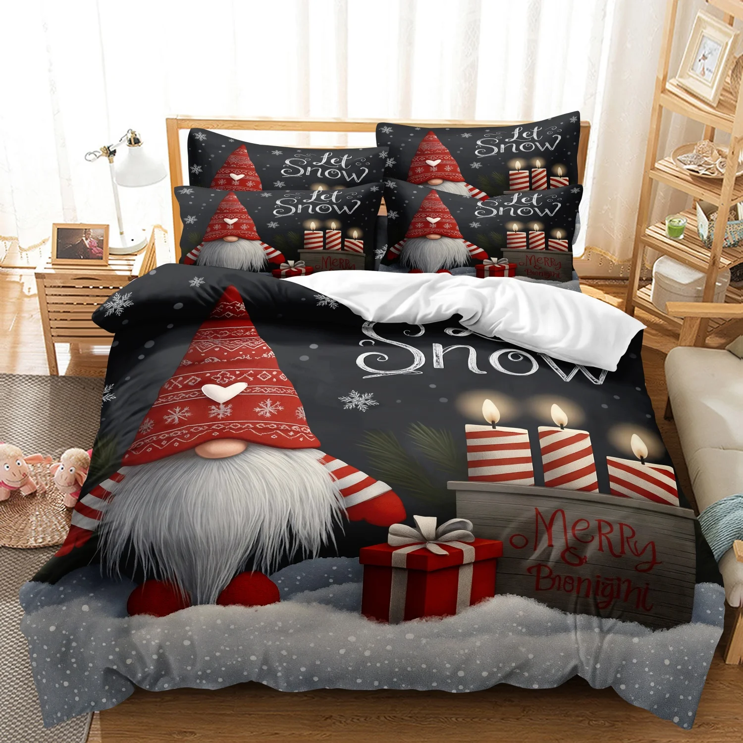 3Pcs Winter Snow Scene Gnome Christmas Print Duvet Cover Set, Cute Gnome Striped Candles and 