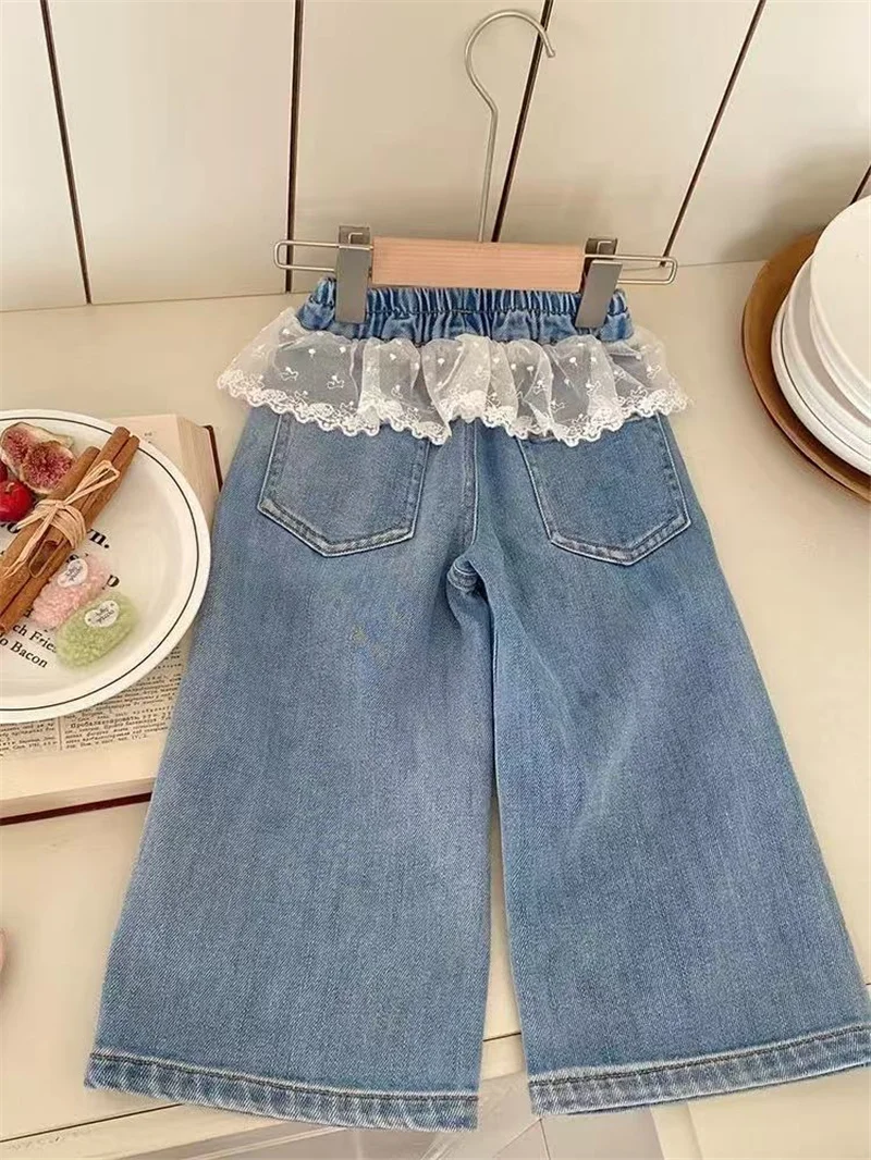 Girls Stitching Lace Denim Pants 2026New Spring Embroidered Bow Jeans Children Clothes Kids Straight Legged Pants Loose Trousers