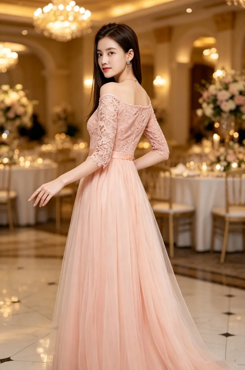 Damen Spitzen-Tüll Langes Brautjungfernkleid Abendkleid V-Ausschnitt Schulterfrei Halber Ärmel A-Linie Maxikleid Hochzeitsgast Formelles Partykleid – Detail 3