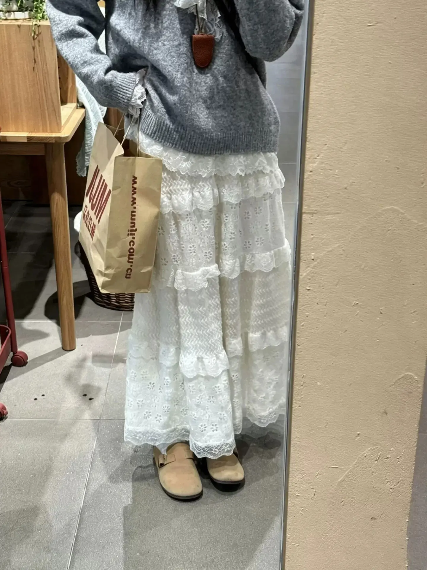 Gray Lace Splice  Knot Long Sleeve Knitted Sweater Women Casual Loose Personality Top Spring Autumn Design Sense