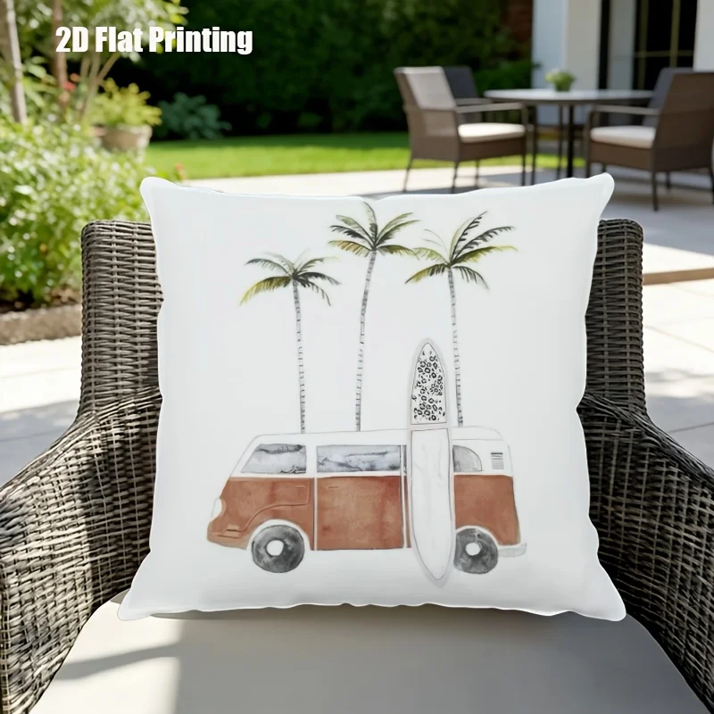 1PC Square Pillow Cover, Truck with Surfboard & Palm Trees Pattern, Universal for Indoor & Outdoor Garden Decor (No Insert)