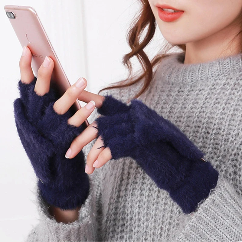 Women's Winter Gloves Warm Plush Student Flip Top Mittens Writing Office Soft Fluffy Outdoor Thick Anti-Cold Half-Finger Gloves