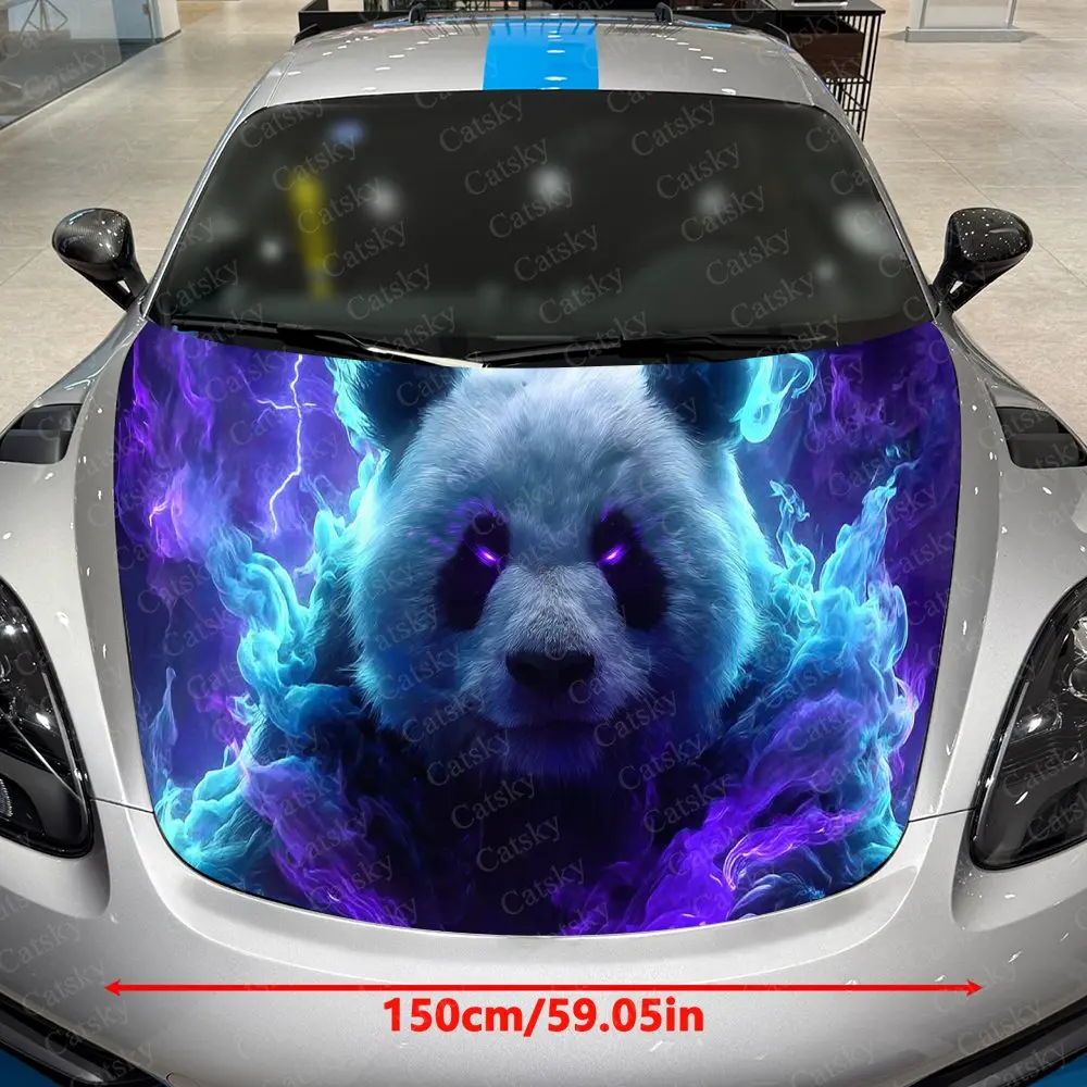 Ghostly Blue Flame Panda Car Vinyl Wrap, PVC Waterproof Car Hood Sticker, Self-Adhesive Scratch-Resistant Stickers