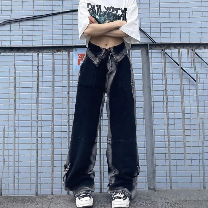 

Джинсы женские больших размеров, широкие брюки с высокой талией, весна-лето, уличный дизайн с отбортовкой, джинсовые брюки Tide 4XL