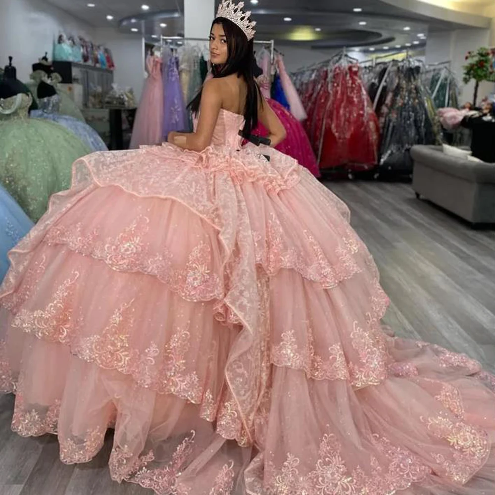 Customized Pink Quinceanera Dress Tulle Lace Ruffles Sweet 16 Party Dresses Sweetheart Ball Gown Junior Tiered Birthday Dress