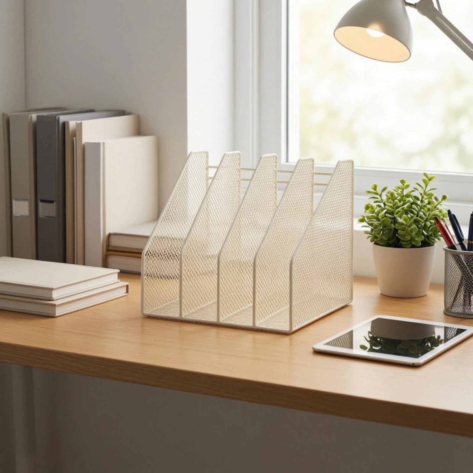 Desktop Organizer with Four Compartments Compact Desk Organizer with 4 Compartments Mesh File Holder Open-Grid for Professionals
