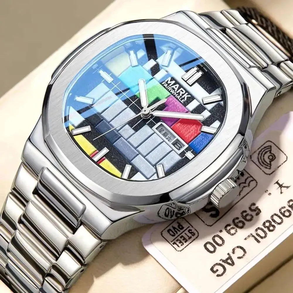 Mark Fairwhale 5210 Wacth Men Luminous Unique Design Stainless Steel Retro TV Signal Dial Quartz Watches Funny Special Gift