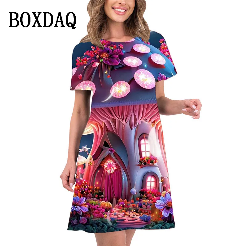 2024 New Spring Women Dresses Oversized Loose Casual Short Sleeve Oil Painting Print A-Line Dress Summer Beach Sundress Vestidos