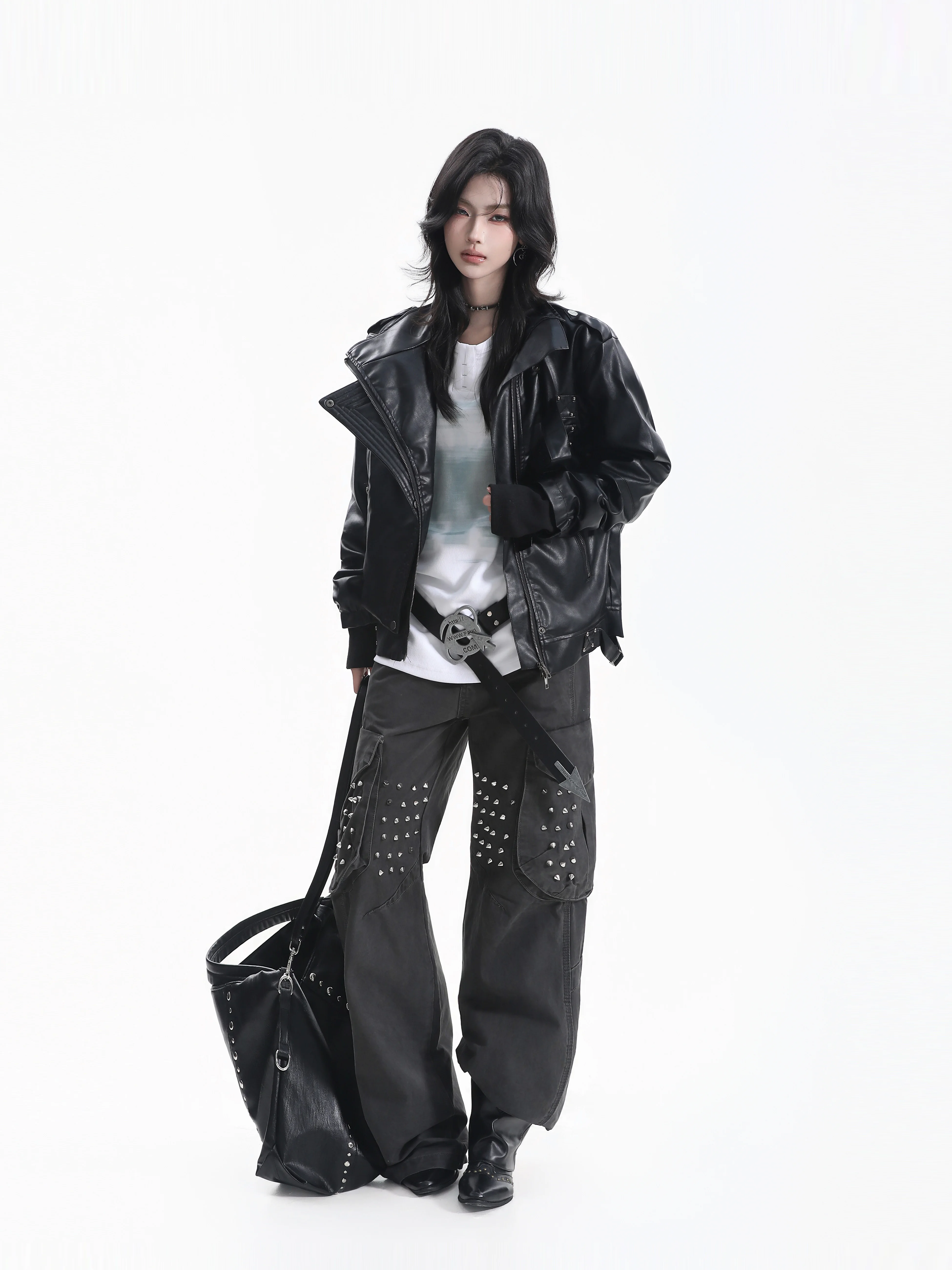 Retro American Motorcycle Leather Jacket Women's Metal Rivet Collar Trendy Cool Autumn Winter Unisex Short Coat