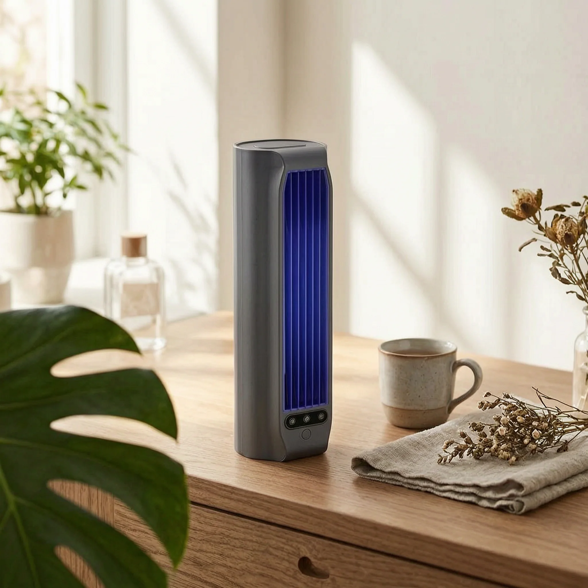 

Fan with Phone Holder Compact Desktop Fan Home Appliance Tall Rectangular Narrow Grille