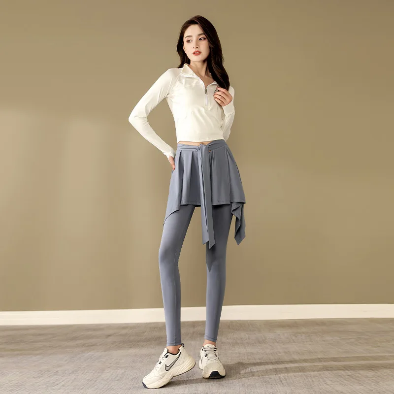 

Брюки для йоги с высокой талией и юбкой, женские леггинсы для фитнеса и бега, спортивный костюм, комплект из двух предметов