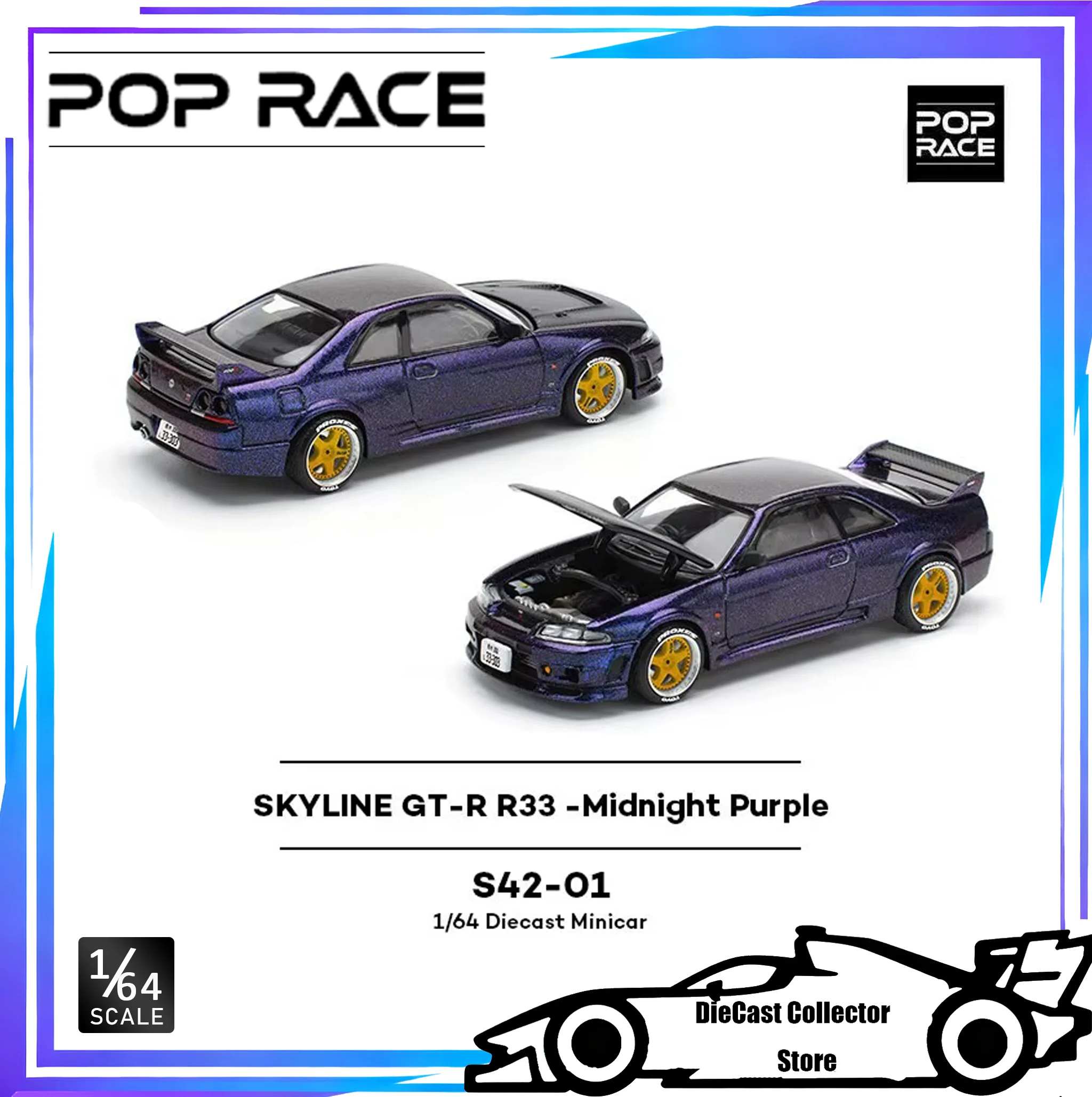 

POP RACE 1/64 SKYLINE GT-R R33-Midnight Фиолетовый сплав Модель автомобиля Подарочная игрушка
