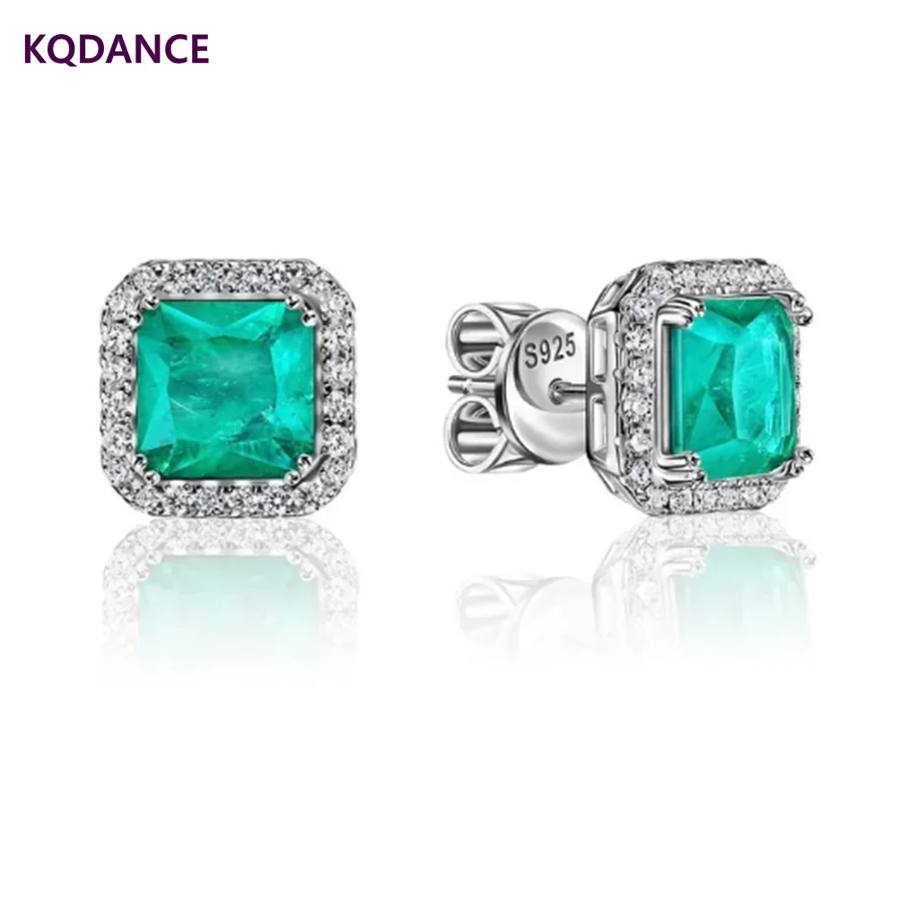 

KQDANCE Solid 925 Sterling Silver With 7*7mm Square Lab Created Paraiba Tourmaline High Carbon Diamond Stud Earrings Jewelry