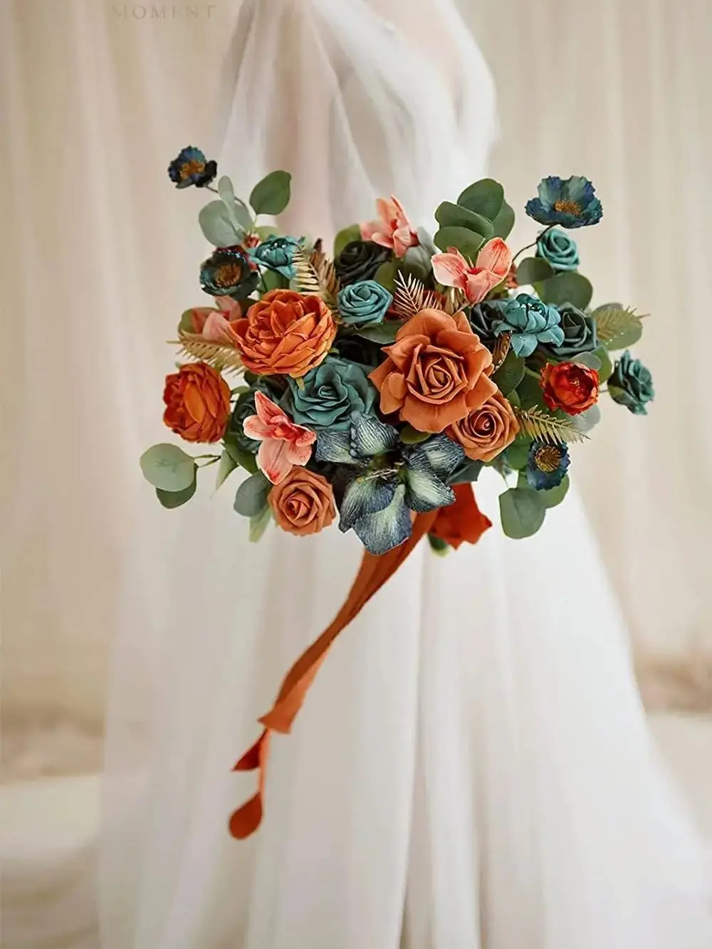 Artificial Flowers Teal & Orange Ombre Color 1970s Foam Fake Roses with Stems 25/50pcs for DIY Wedding Party Decorations