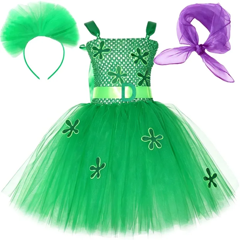 Girls' Green Cartoon Character Costume Set,  Exquisite Tulle Fluffy Tutu Dress with Headband & Veil,  Kids Halloween Outfit