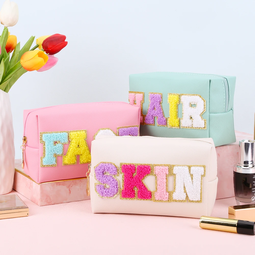 Trousse de toilette étanche avec patchs, ensemble de sacs de rangement de maquillage en cuir PU pour femmes, accessoires de voyage, 3 pièces