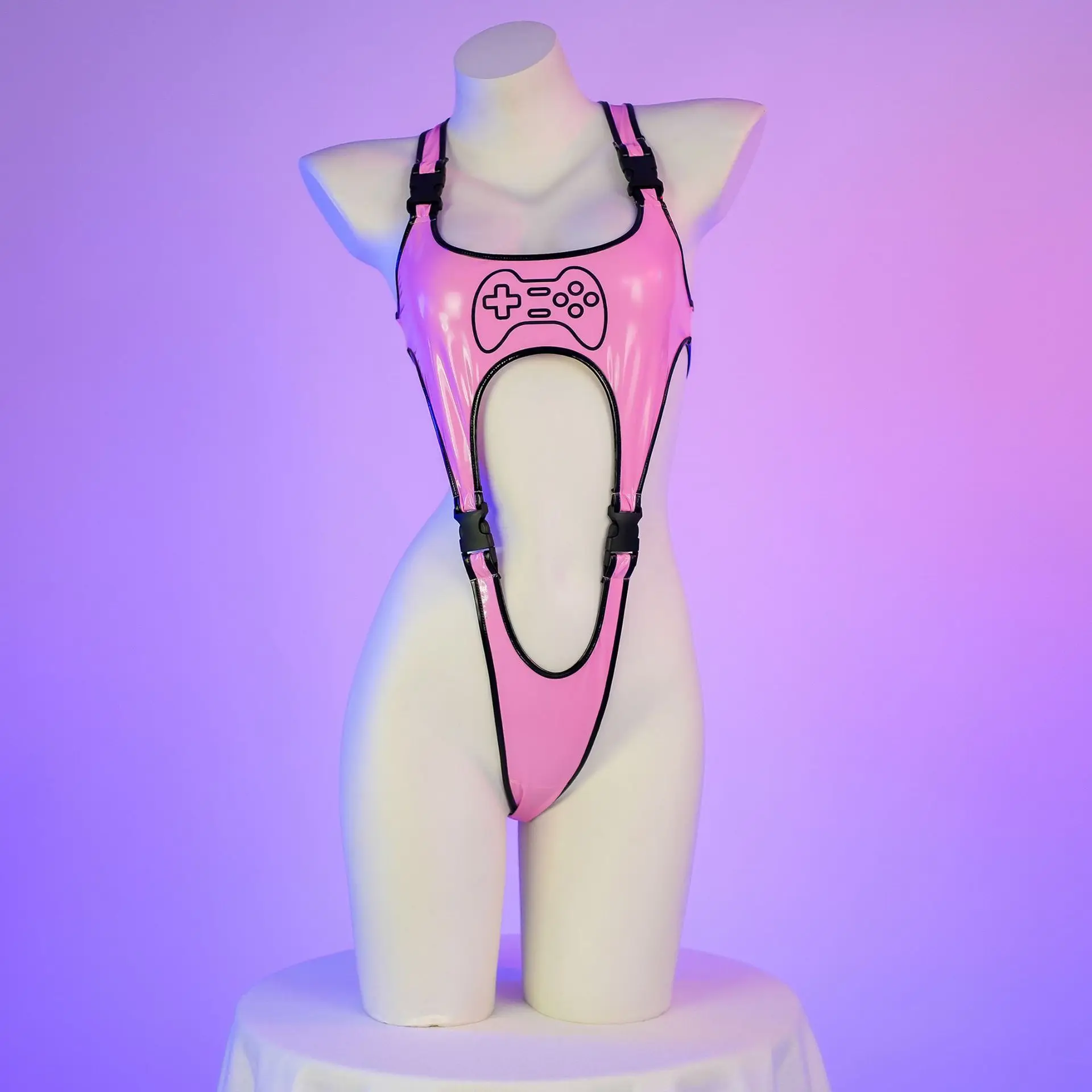 Anime Cartoon Game Controller High Leg Bodysuit Cosplay Women Buckle Leather Cyberpunk Swimsuit Pajamas Outfits Costumes view 3