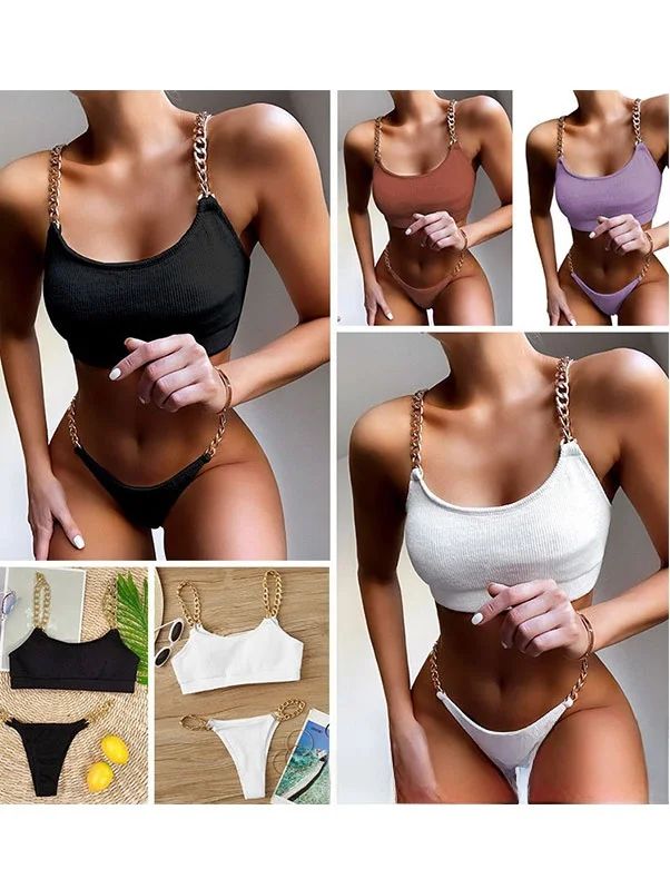 

Faionable Korean Sle Bikini Two-Piece Swimsuit Chain Print Beachwear round Neline No Sve Women's Swimming Suit