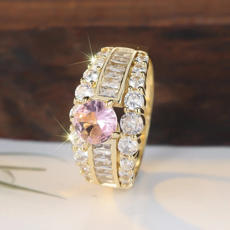 2026 New European and American Heavy Industry Gold Powder Zircon Ring, Ladder Square Broken Diamond Full Inlaid Jewelry