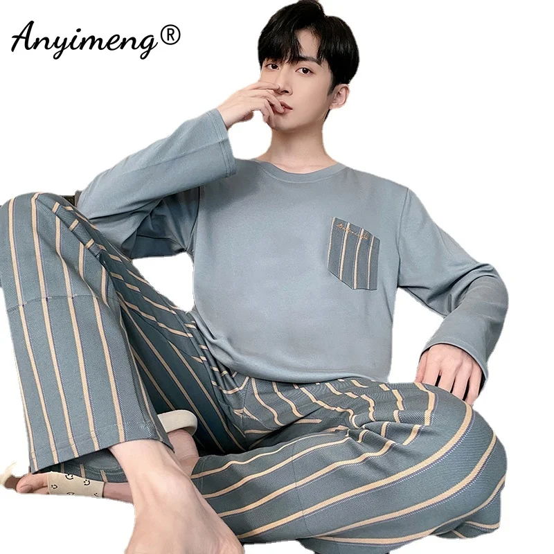 Autumn Winter Men Pajamas Faux Cotton Round Collar Pajama Sets Long Sleeves Long Pants Sleepwear Plus Size 3xl 4xl Loungewear