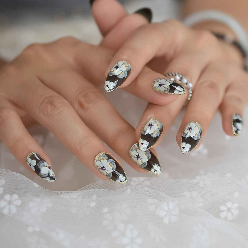 Faux ongles en gel à paillettes dorées pour fille, couverture complète des doigts, pointes d'art, style de fleurs, presse, N64.Stiletto, 03/Wear