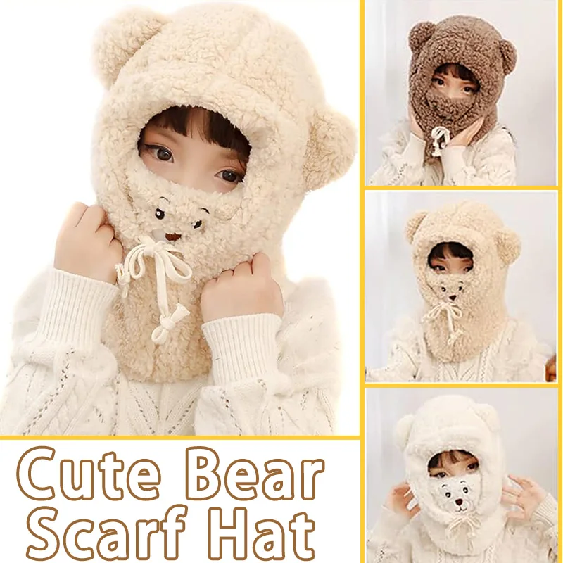 Cute Bear Scarf Hat Mask Bear Warm All-in-one Hat Female Winter Girl Lambswool Hooded Mask Scarf Riding Wearing Plush Hat