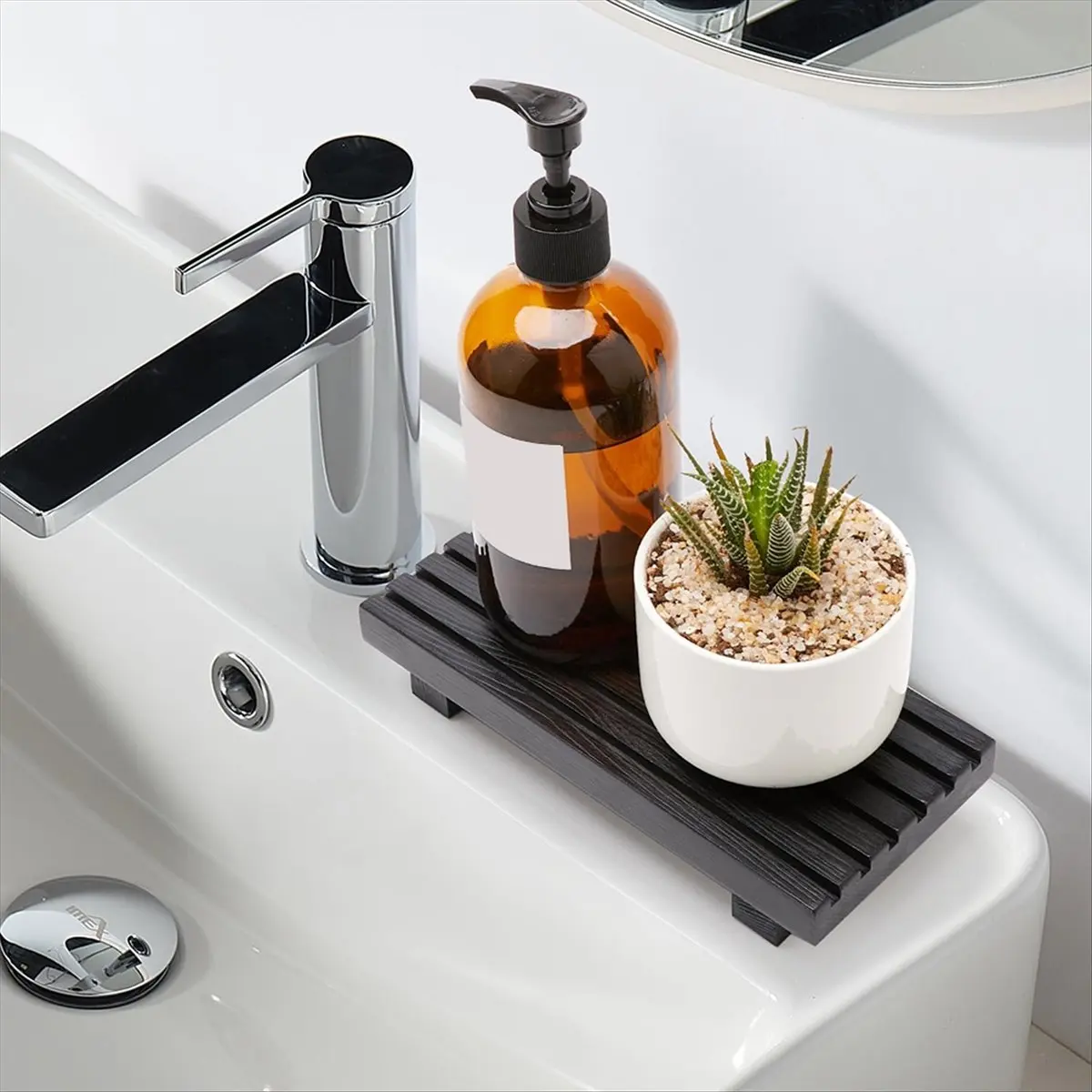 REST Small Bathroom Counter Organizer Wood Display Pedestal Stand Kitchen Counter Soap Tray Vanity Bathroom Decor