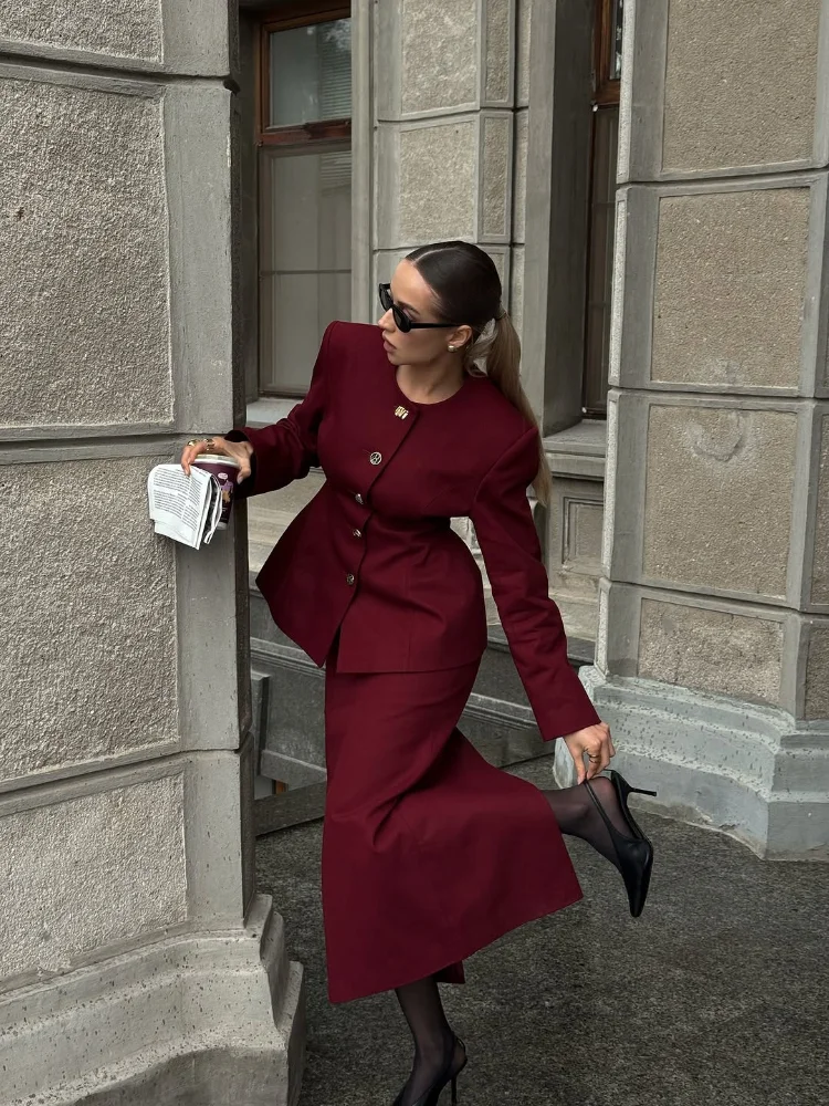 Elegant Women Burgundy 2 Piece Suit Round Neck Button Jacket High Waist Midi Skirt Long Sleeve Office Business Matching Outfit