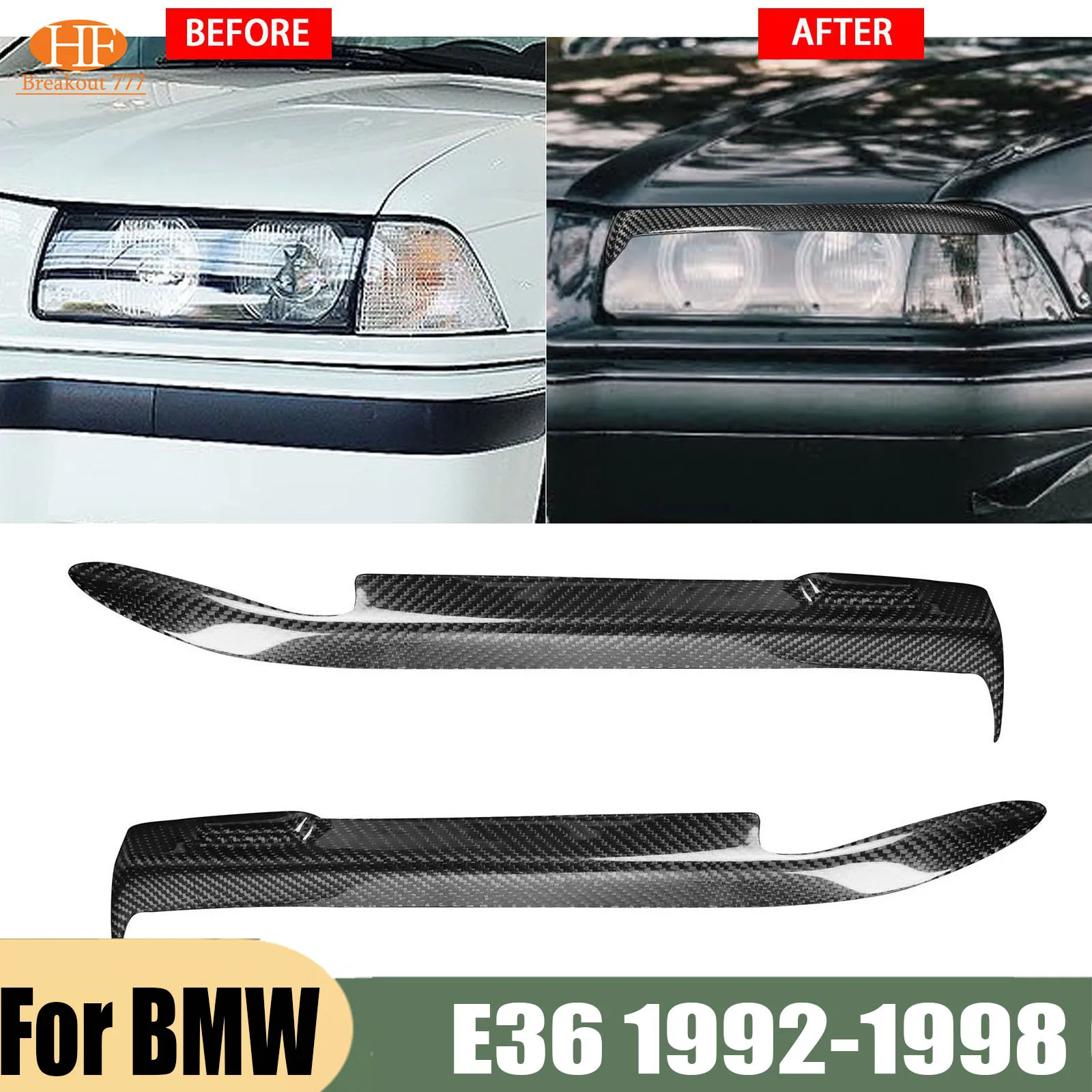 Front Headlight Eyebrow Trim Carbon Fiber Eyelid Sticker Decal For BMW E36 1992-1998 ONLY 