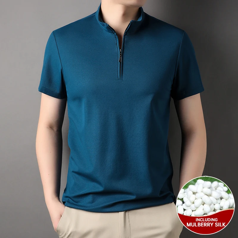 Camisa polo de seda amoreira masculina, tops casuais de manga curta, roupas lisas luxuosas com zíper, seda de alto nível 4,7%, verão, nova marca