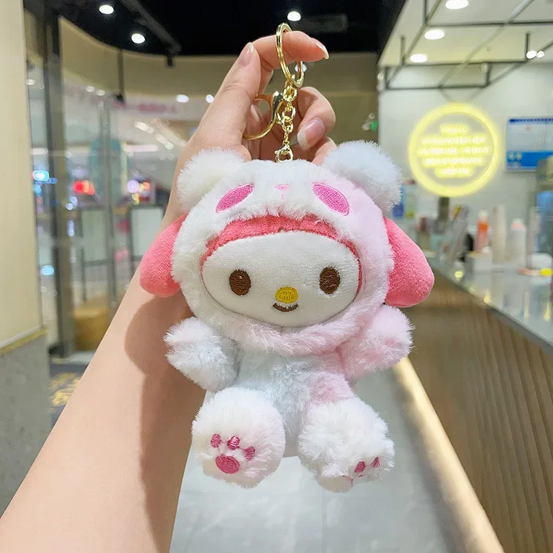 Kawaii Sanrio Anime Keychain Hello Kitty Melody Plush Toy Keyring Kuromi Cinnamoroll Plushie Doll  Backpack Decor Birthday Gift