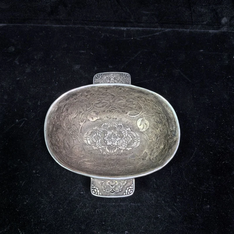 

Antique Crafts Vintage Tang Dynasty Zhen Guan Flower Bowl Silver Bowl Retro Carved Patina Ornament