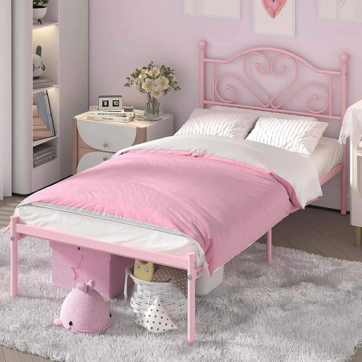 Twin Bed Frames with Headboard, Heavy Duty Metal Platform Bed Under Bed Storage Space Easy Assembly for Kids Girls Adults, Pink