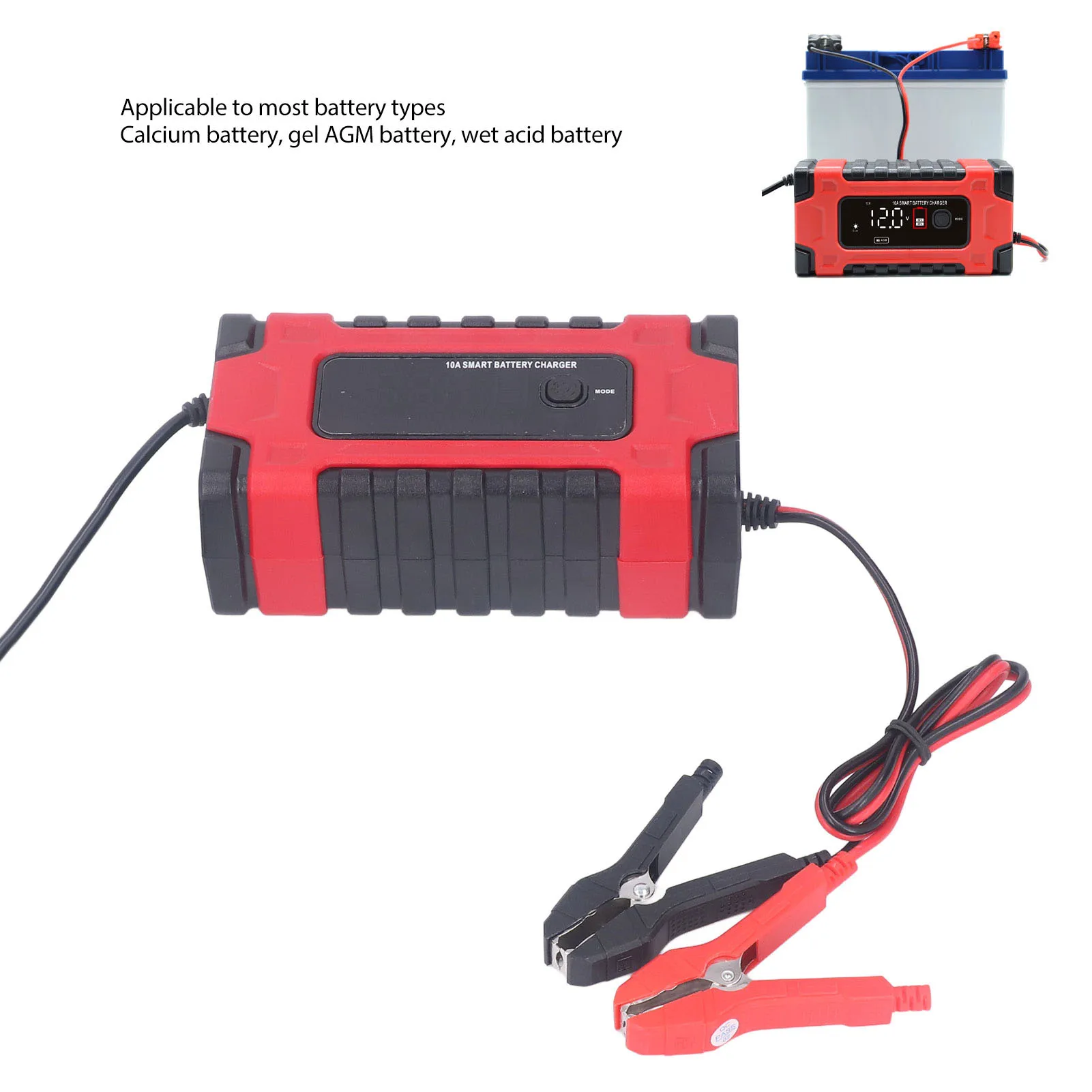 

Portable Car Battery Charger 12V/24V Intelligent LCD Display & Pulse Repair for AGM/Calcium/Gel/Wet Acid