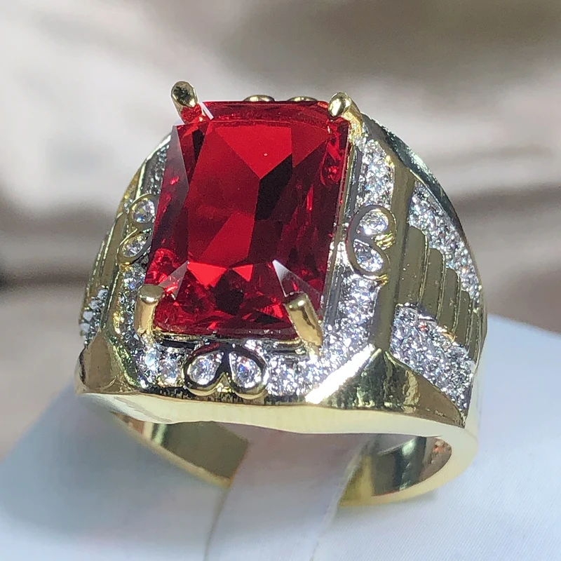 Vintage King ring Gold Filled AAAAA CZ Red Zircon Luxury Engagement Jewelry Wedding Rings For Men Rock Party Finger Ring