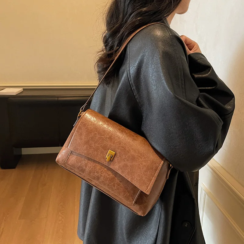 حقيبة كتف عصرية لعام 2025 A/W للنساء، حقيبة كروس متعددة الاتجاهات من الجلد الطبيعي بسعة كبيرة، محفظة عمل أنيقة عتيقة #3