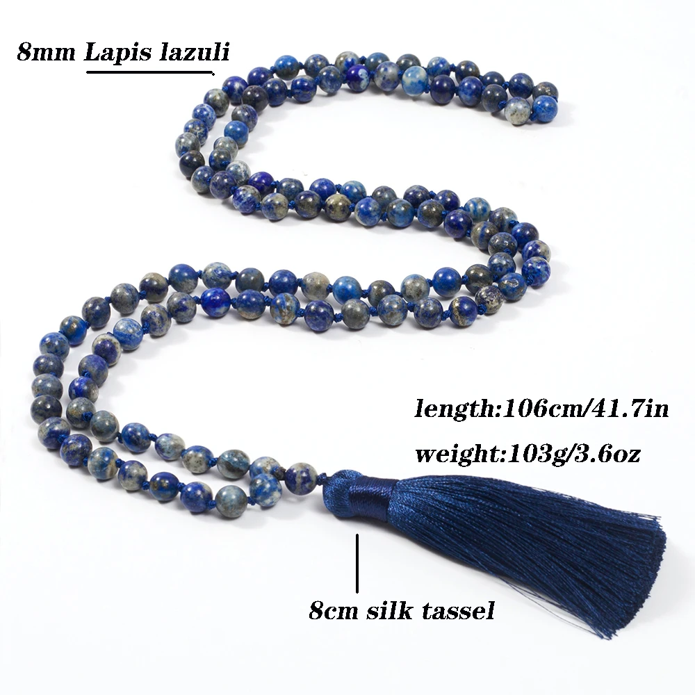 8mm Natural Lapis Lazuli Knotted 108 Mala Bead Necklace Meditation Prayer Rosary Japamala Jewelry for Men and Women