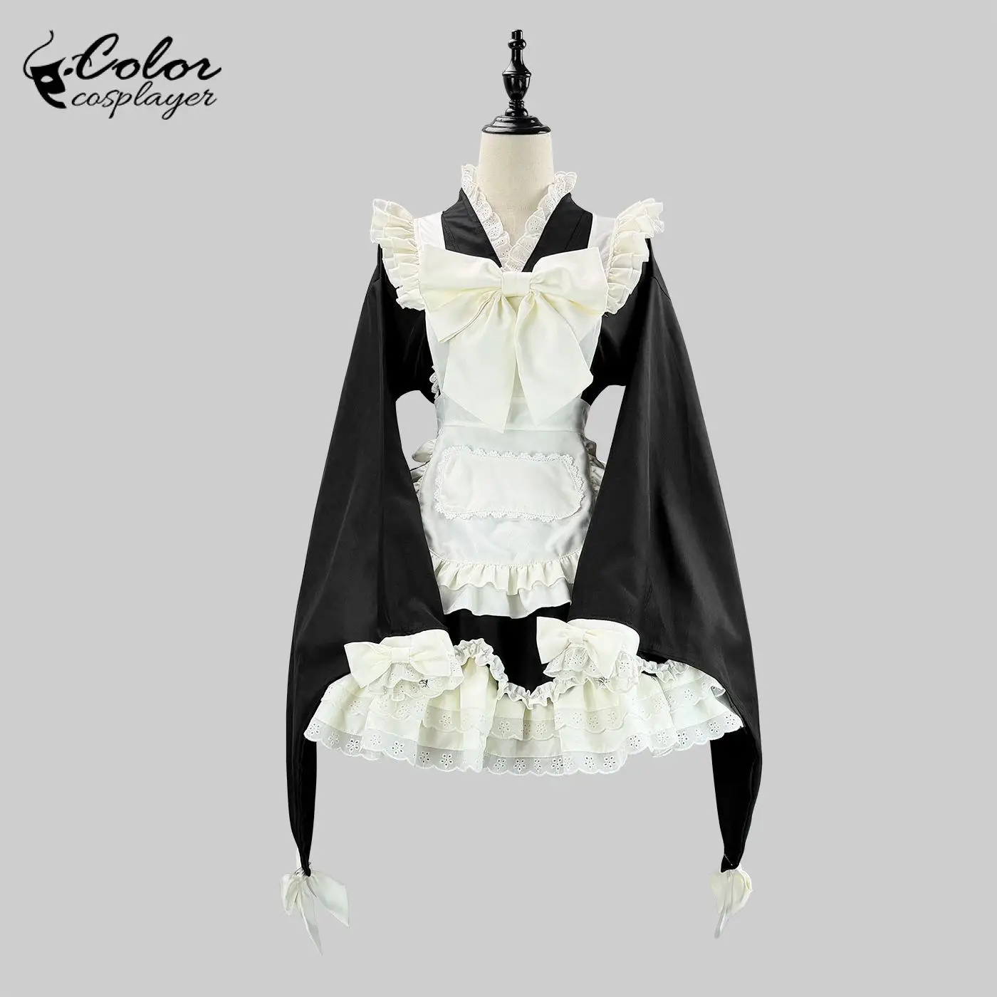 

Color Cosplayer Black White Japanese Kimono Maid Dress Ruffle Lace Lolita Dress Set Women Coffee Halloween Party Cosplay Costume
