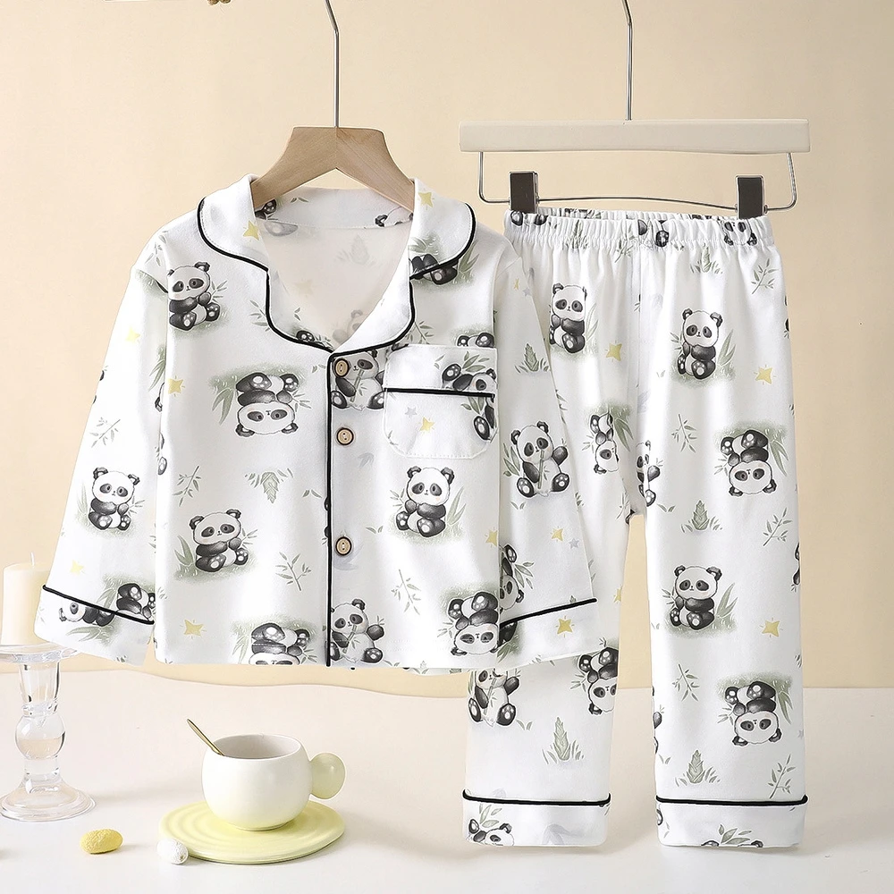 Boys Girls Spring Autumn Pajamas Set Kids Casual Cartoon Long Sleeve Lapel Button Down Shirt + Pants Homewear Pyjamas Sleepwear