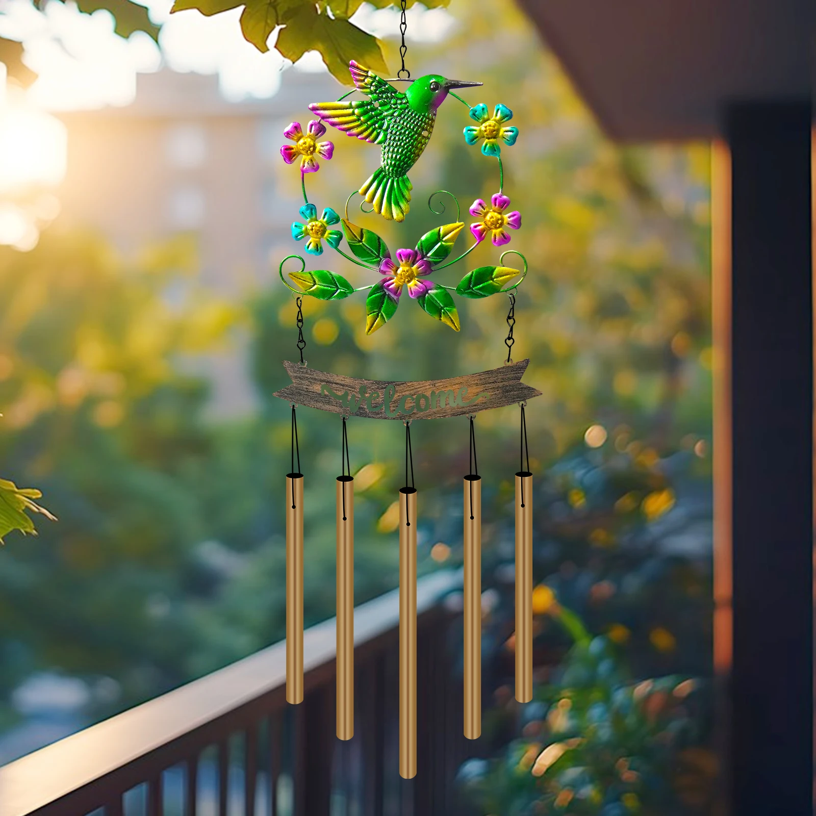 Wind Chime - Green Hummingbird/Butterfly Design A home decor gift for Mom or Grandma Perfect for garden, patio, and backyard