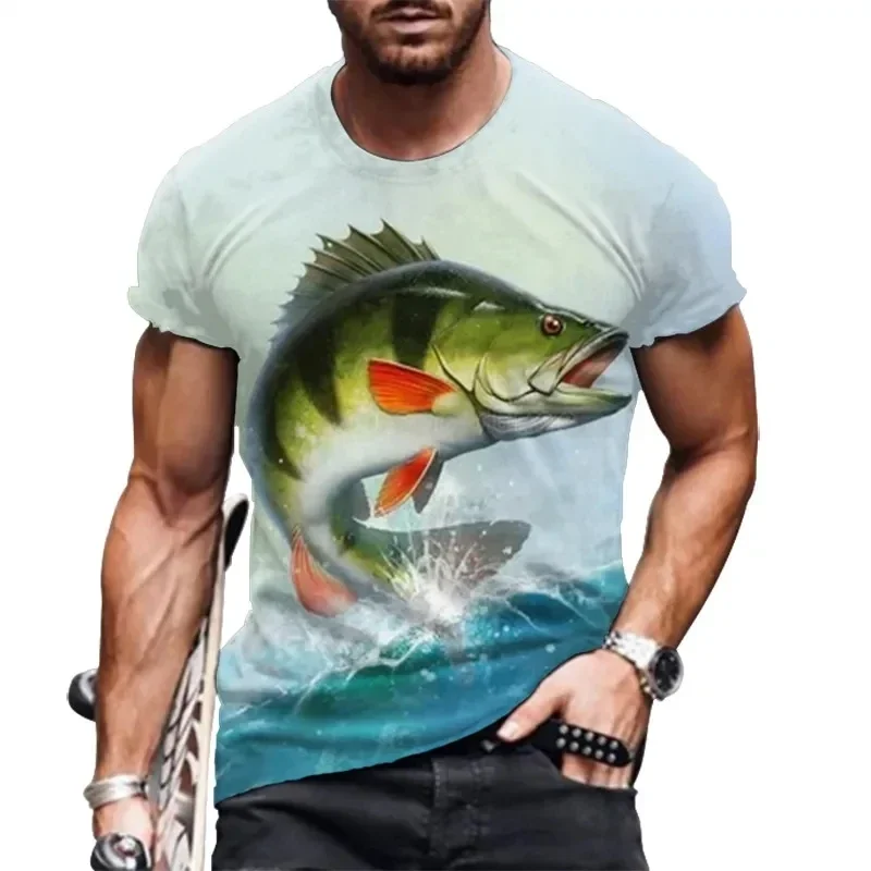 T-shirt Da Pesca in Mare Da Uomo Di Moda Oversize Traspirante Casual Manica Corta 3D Fish Print Pullover Da Uomo Di Grandi