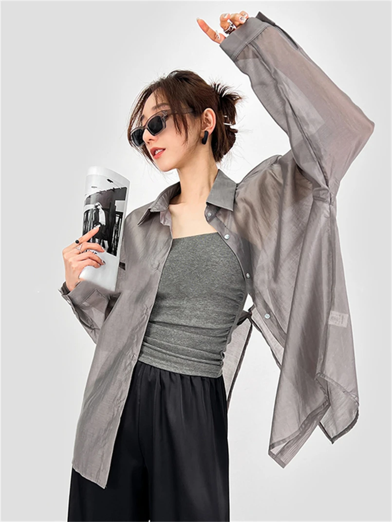 

Women Loose Shirts High Street Casual Blouse Spring Button Up Long Sleeves Shirts Summer Sun-Protective Clothing Thin Soft Tops