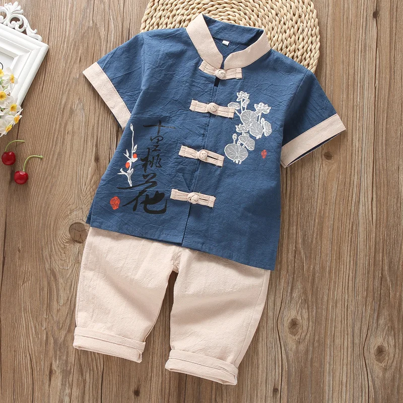 Jongen Meisje Nieuwe Chinese Stijl Bloemenprint Hanfu Kinderen Mooie Twee Stuk Broek Sets Korte Mouw Rollenspel Vintage knop Kostuum