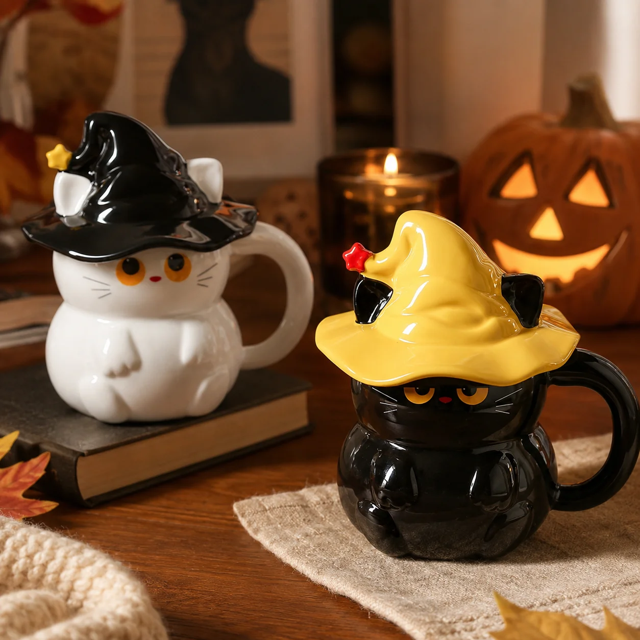 Ceramic Halloween Mug Magic Cat Witch Hat With Lid Cute Ghost Couple Coffee Cup For Home Kitchen Gift For Cat Lovers