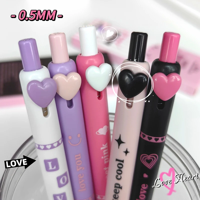 5PCS/Set Love Heart Gel Pen For Students Button Gel Ink Pen 0.5MM Black Refill Writing Pen Quick Dry Neutral Pen School Supply